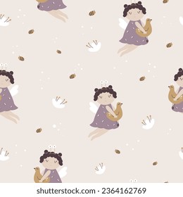 Nahtloses Muster mit Blumen und süßes Märchen, das mit Spielzeug sitzt. Kinderhintergrund für Textilien, Stoff, Tapete, Verpackungspapier, Dekorationen.
