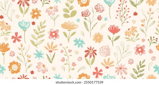 Seamless pattern with flowers. Cute floral simple doodle botanical art. Flowers, leaves, greenery kid style drawings. Crayon pencil vector. Spring, summer childish blosooms. Endlesss, repeat wallpaper