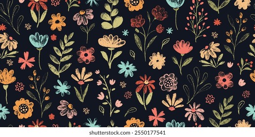 Nahtloses Muster mit Blumen. Nette florale einfache doodle botanische Kunst. Blumen, Blätter, grüne Ziehungen. Buntstiftvektor. Frühling, Sommer kindische Blüten. Endlos, Tapete wiederholen