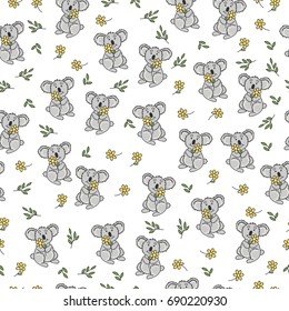 Seamless pattern with flowers, cute koala and leaves. Vector background with very nice animal.