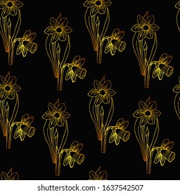 Seamless pattern flowers daffodils gold color. Vector doodle outline illustration on black background. Design for print, cover, packaging, postcard, fabric, cup, wallpaper.