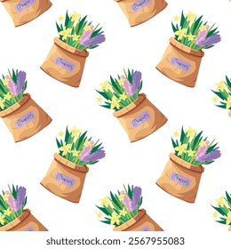 Seamless pattern, flowers daffodils, hyacinth, in a paper bag, bouquet, for fabric, packaging. Vector.