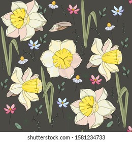 Seamless pattern with flowers. Daffodils and wildflowers on a grey background. Beautiful floral background for fabric.