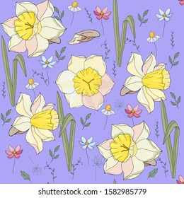 
Seamless pattern with flowers. Daffodils and wildflowers on a lilac background. Beautiful floral background for fabric.