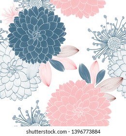 Seamless pattern with flowers dahlia and abstract leaves.