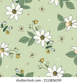 Patrón sin foco con flores y hojas de dalia sobre fondo verde claro