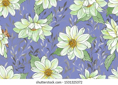 Seamless Pattern with Flowers Dahlias and Leaves on Blue Background. For Textile, Wallpapers, Wrapping Paper, Print, Greeting. Vector Illustration.