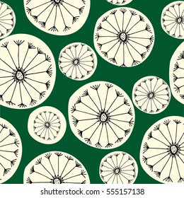 seamless pattern flowers dandelions on a green background