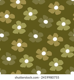 Seamless pattern with flowers. Dark green floral texture. Botanical repeated print on fabrics for jackets, outerwear, coats, raincoats, bags, umbrellas. Simple illustration of 5 petalled flowers.