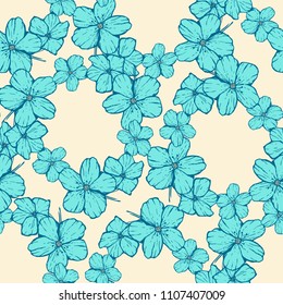 Seamless pattern flowers. Delicate colors are light blue and light beige, craft paper. Colorful hand drawn vector stock illustration. 