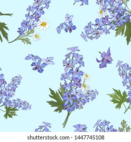 Seamless pattern with flowers of delphinium and daisies on a blue background