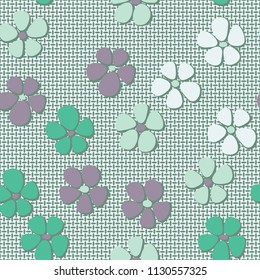 Seamless pattern. Flowers depicted in a hurry and are located chaotically.  Against the backdrop of a network of mutually perpendicular ovals.
