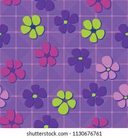 Seamless pattern. Flowers depicted in a hurry and are located chaotically. Against the background of diagonally striped squares.