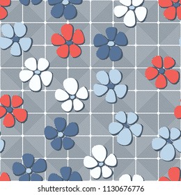 Seamless pattern. Flowers depicted in a hurry and are located chaotically. Against the background of diagonally striped squares.