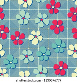 Seamless pattern. Flowers depicted in a hurry and are located chaotically. Against the background of diagonally striped squares.