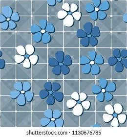 Seamless pattern. Flowers depicted in a hurry and are located chaotically. Against the background of diagonally striped squares.