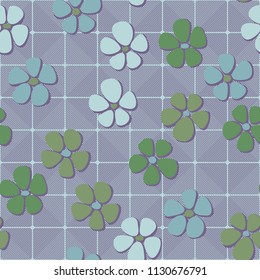 Seamless pattern. Flowers depicted in a hurry and are located chaotically. Against the background of diagonally striped squares.