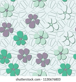 Seamless pattern. Flowers depicted in a hurry and are located chaotically. Against the background of a network of separated pentagons.
