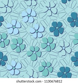Seamless pattern. Flowers depicted in a hurry and are located chaotically. Against the background of a network of separated pentagons.