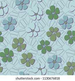 Seamless pattern. Flowers depicted in a hurry and are located chaotically. Against the background of a network of separated pentagons.