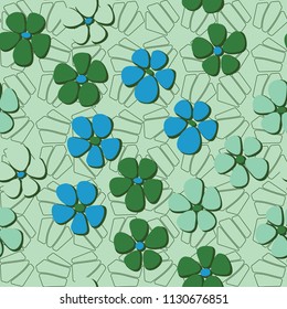 Seamless pattern. Flowers depicted in a hurry and are located chaotically. Against the background of a network of separated pentagons.