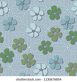 Seamless pattern. Flowers depicted in a hurry and are located chaotically. Against a background of rounded concentric squares.