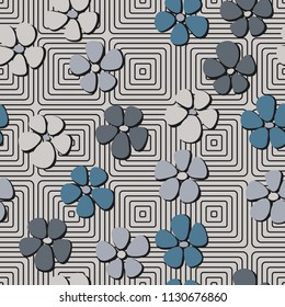 Seamless pattern. Flowers depicted in a hurry and are located chaotically. Against a background of rounded concentric squares.