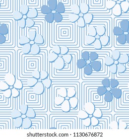Seamless pattern. Flowers depicted in a hurry and are located chaotically. Against a background of rounded concentric squares.