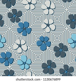 Seamless pattern. Flowers depicted in a hurry and are located chaotically. Against a background of rounded concentric squares.