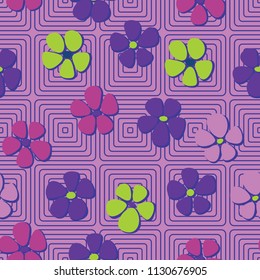 Seamless pattern. Flowers depicted in a hurry and are located chaotically. Against a background of rounded concentric squares.