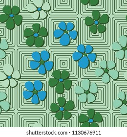 Seamless pattern. Flowers depicted in a hurry and are located chaotically. Against a background of rounded concentric squares.