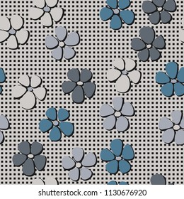 Seamless pattern. Flowers depicted in a hurry and are located chaotically. Against the background of regular rows of small squares.
