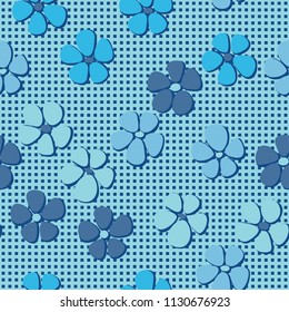 Seamless pattern. Flowers depicted in a hurry and are located chaotically. Against the background of regular rows of small squares.