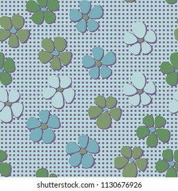 Seamless pattern. Flowers depicted in a hurry and are located chaotically. Against the background of regular rows of small squares.