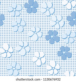 Seamless pattern. Flowers depicted in a hurry and are located chaotically. Against the background of regular rows of small squares.