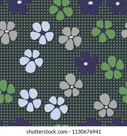 Seamless pattern. Flowers depicted in a hurry and are located chaotically. Against the background of regular rows of small squares.