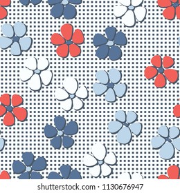 Seamless pattern. Flowers depicted in a hurry and are located chaotically. Against the background of regular rows of small squares.