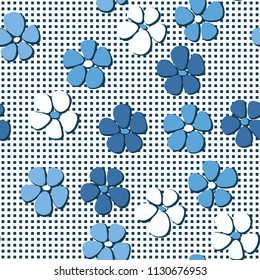Seamless pattern. Flowers depicted in a hurry and are located chaotically. Against the background of regular rows of small squares.
