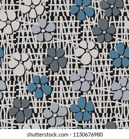 Seamless pattern. Flowers depicted in a hurry and are located chaotically. Against a background of chaotically outlined squares.