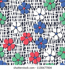 Seamless pattern. Flowers depicted in a hurry and are located chaotically. Against a background of chaotically outlined squares.