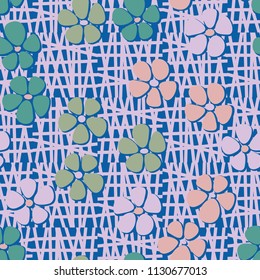 Seamless pattern. Flowers depicted in a hurry and are located chaotically. Against a background of chaotically outlined squares.