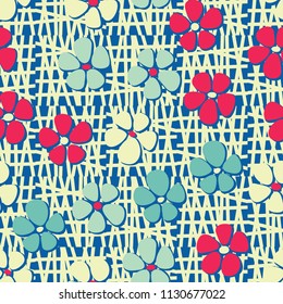 Seamless pattern. Flowers depicted in a hurry and are located chaotically. Against a background of chaotically outlined squares.