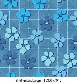 Seamless pattern. Flowers depicted in a hurry and are located chaotically. Against the background of diagonally striped squares.