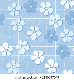 Seamless pattern. Flowers depicted in a hurry and are located chaotically. Against the background of diagonally striped squares.