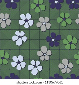 Seamless pattern. Flowers depicted in a hurry and are located chaotically. Against the background of diagonally striped squares.