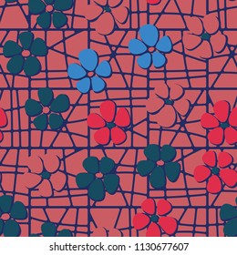 Seamless pattern. Flowers depicted in a hurry and are located chaotically. Against the background of a grid consisting of divided squares.