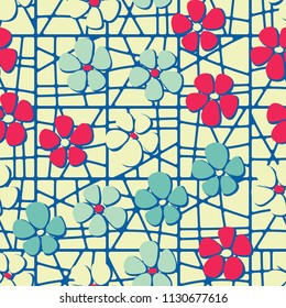 Seamless pattern. Flowers depicted in a hurry and are located chaotically. Against the background of a grid consisting of divided squares.