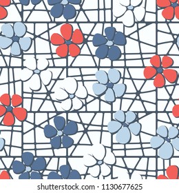 Seamless pattern. Flowers depicted in a hurry and are located chaotically. Against the background of a grid consisting of divided squares.