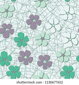 Seamless pattern. Flowers depicted in a hurry and are located chaotically. Against the background of a network of chaotically scattered squares.
