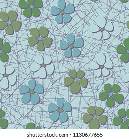 Seamless pattern. Flowers depicted in a hurry and are located chaotically. Against the background of a network of chaotically scattered squares.